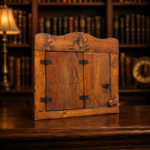 Mobiletto in legno scuro anticato con due ante, cerniere in metallo e intaglio a foglia sulla parte superiore, su tavolo in legno.