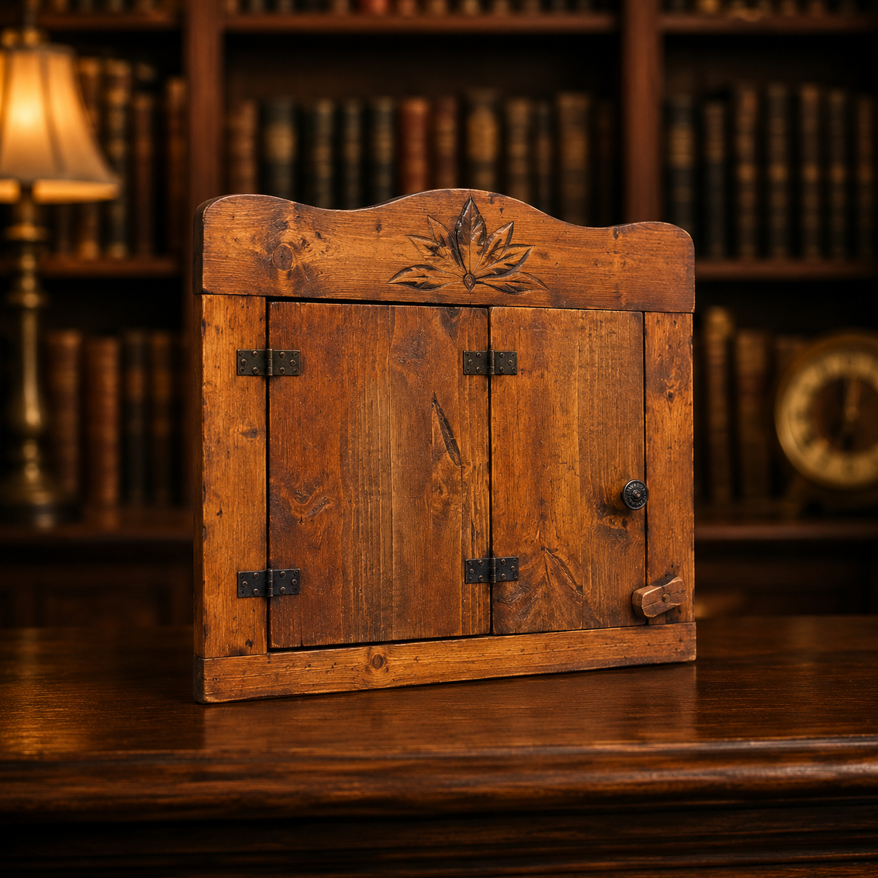 Mobiletto in legno scuro anticato con due ante, cerniere in metallo e intaglio a foglia sulla parte superiore, su tavolo in legno.