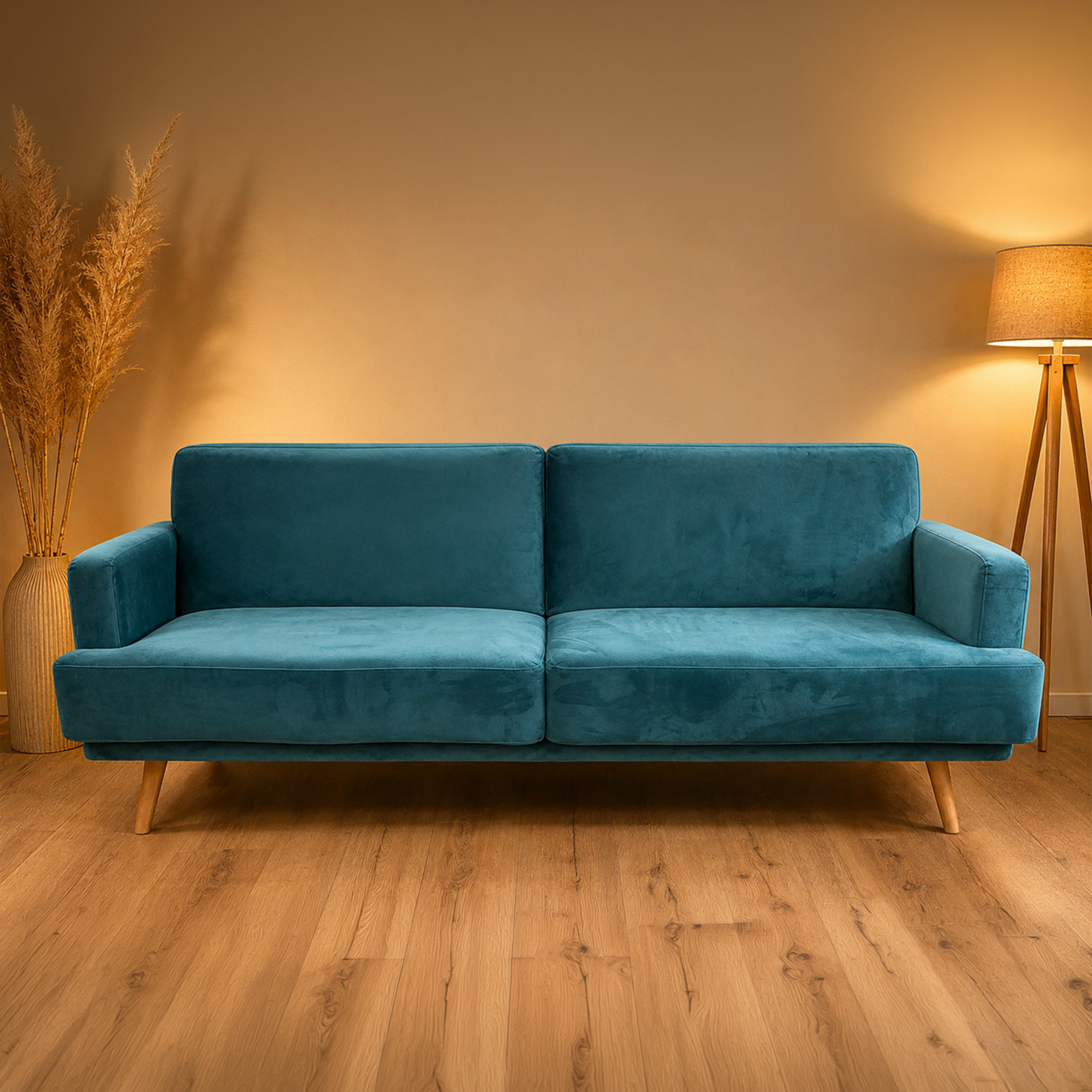 Divano moderno a due posti in velluto blu petrolio con gambe in legno chiaro, posizionato su pavimento in parquet.