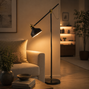 Lampada da terra moderna con fusto nero e dettagli in ottone, braccio orientabile e paralume a campana, accesa in un ambiente interno.