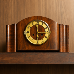 Orologio da tavolo vintage in legno scuro con quadrante dorato e numeri arabi, posizionato su una mensola di legno.