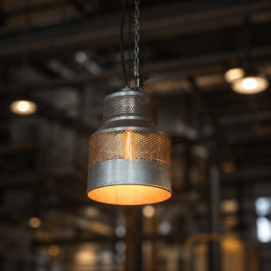 Lampada a sospensione industriale in metallo grigio con griglia perforata e lampadina a filamento accesa, su sfondo scuro.