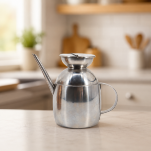 Oliatore in acciaio inox con beccuccio lungo e manico, posizionato su un piano di lavoro chiaro in una cucina luminosa.