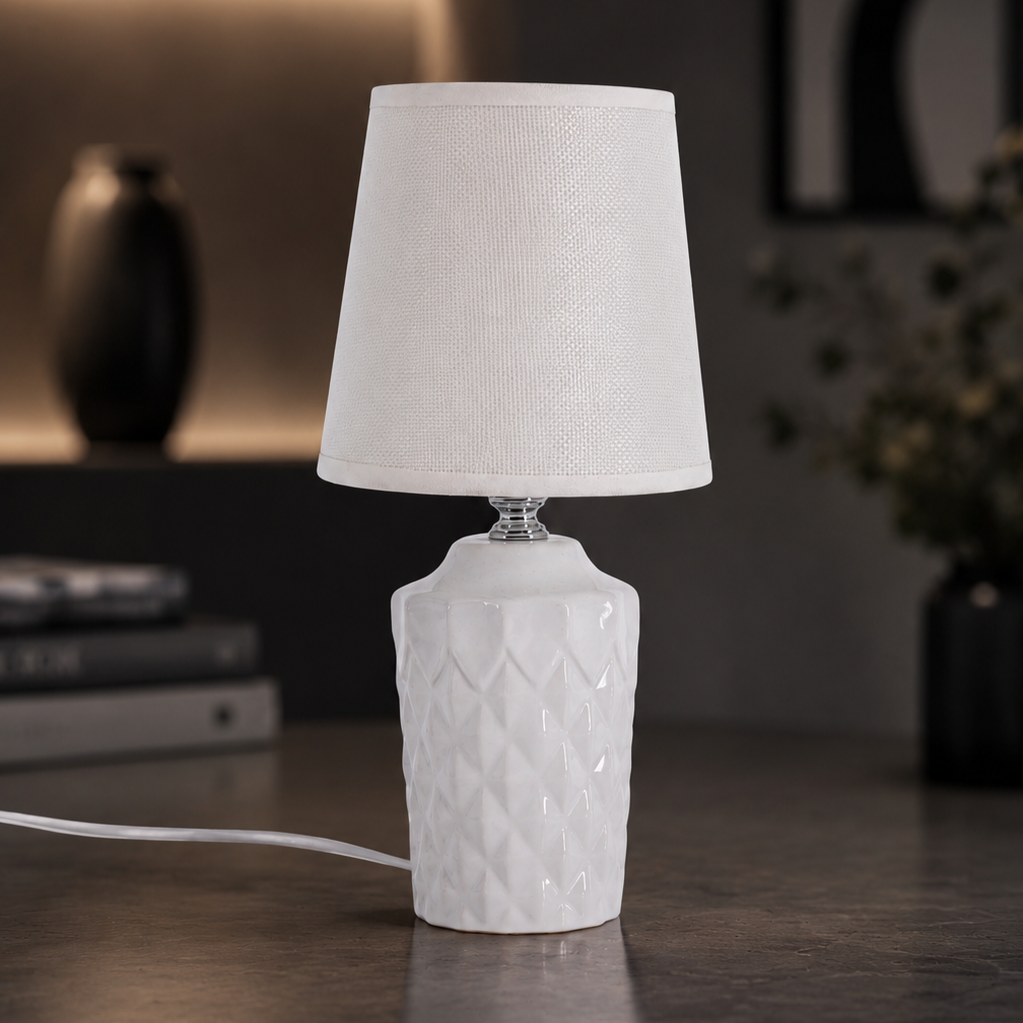 Lampada da Tavolo Bianca con Base in Ceramica Testurizzata