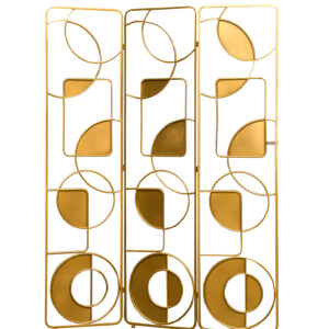 Paravento decorativo a tre pannelli in metallo color oro con motivi geometrici astratti di cerchi e rettangoli.