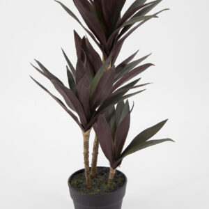 Pianta artificiale Dracaena Marginata con foglie verde scuro e bordeaux, posta in un vaso nero su sfondo bianco.