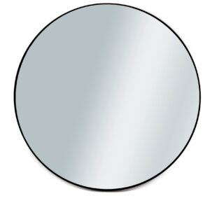 Specchio ovale con sottile cornice nera su sfondo bianco, riflettente e pulito, ideale per set fotografici e produzioni video.