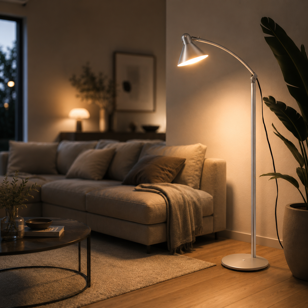 Lampada da terra ad arco in metallo spazzolato color argento con luce calda accesa, posizionata in un soggiorno moderno.