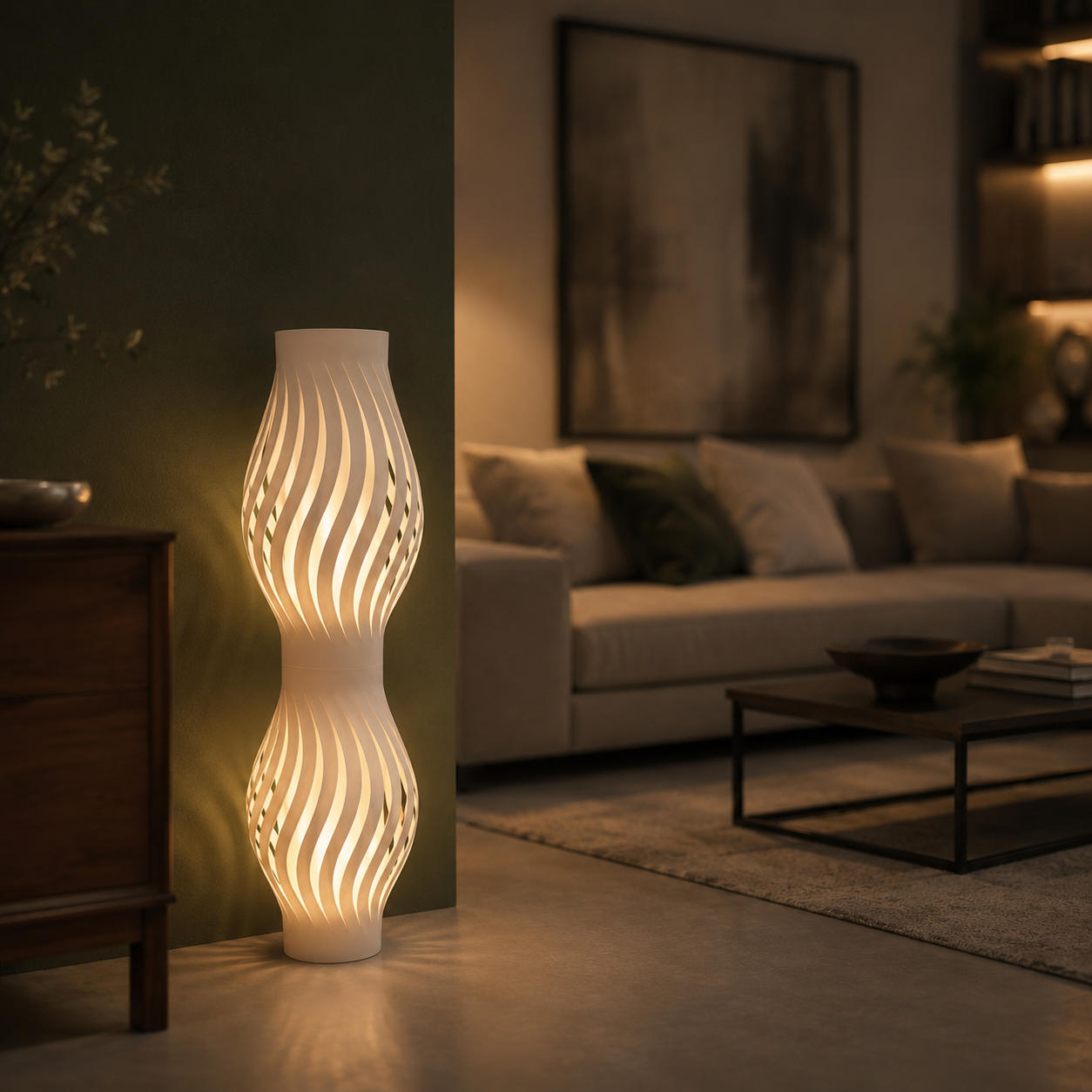 Lampada da terra bianca con design scultoreo a spirale, illuminata con luce calda, in un ambiente domestico moderno.