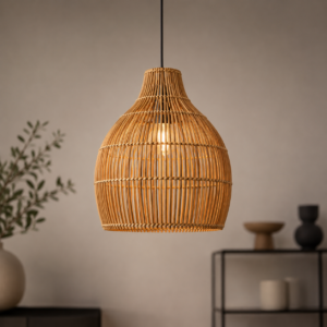 Lampada a sospensione con paralume a campana in rattan intrecciato di colore naturale, appesa a un cavo nero in un ambiente interno.