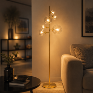 Lampada da terra moderna con struttura in ottone satinato e sei diffusori sferici in vetro trasparente illuminati, in un ambiente interno.