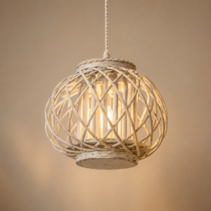 Lampada a sospensione sferica in rattan intrecciato di colore bianco sporco, con una lampadina accesa visibile all'interno.