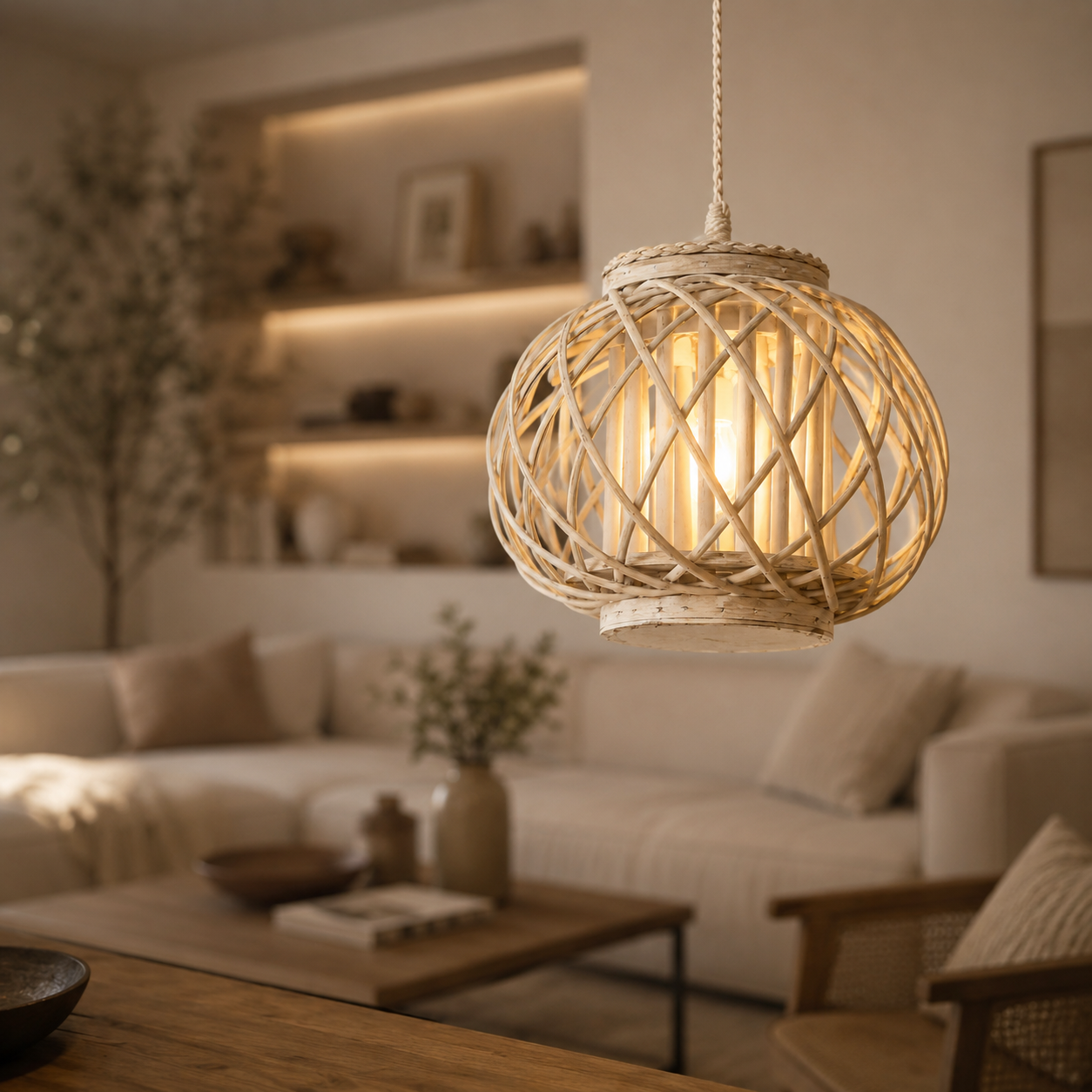 Lampadario in Rattan Intrecciato Bianco - immagine 2