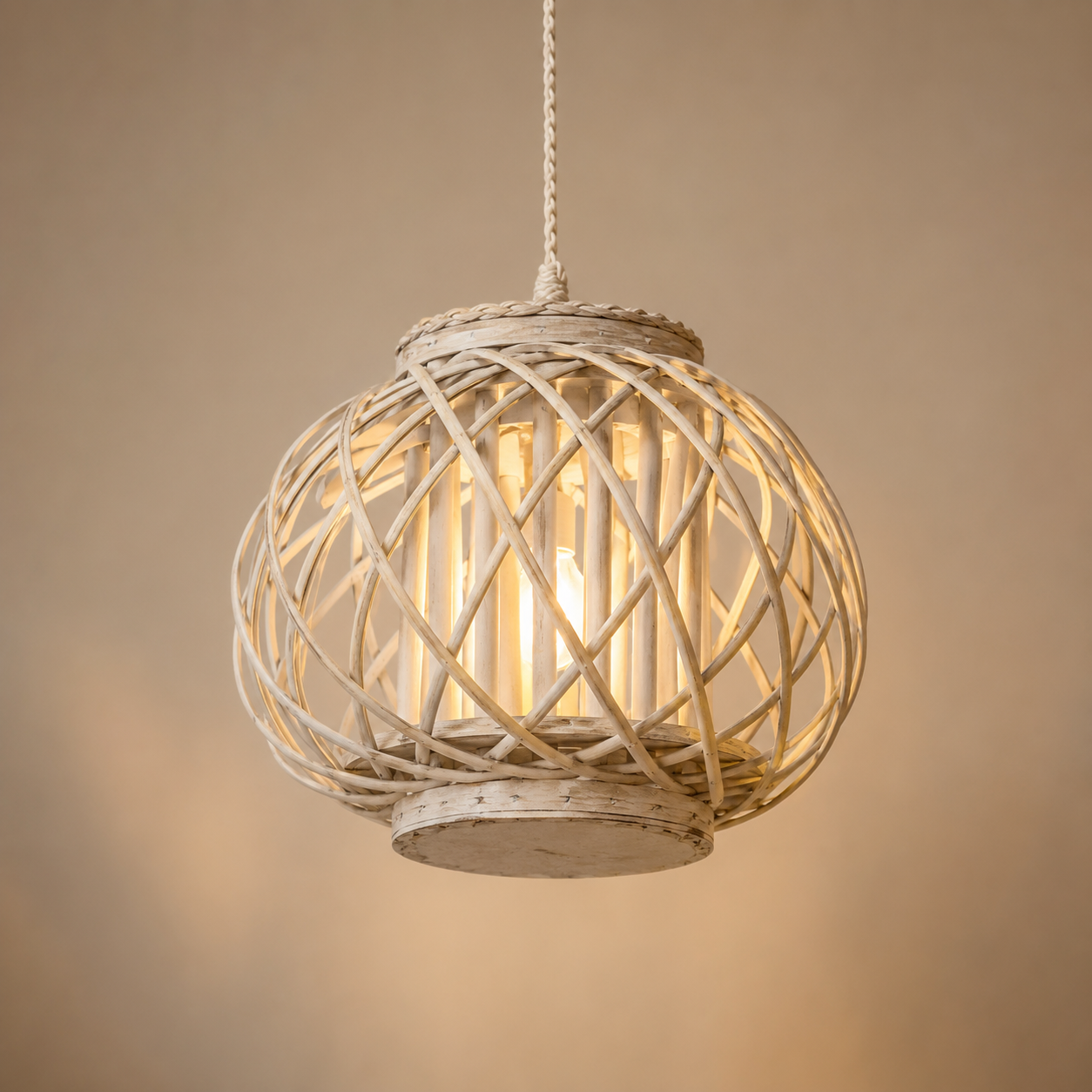 Lampada a sospensione sferica in rattan intrecciato di colore bianco sporco, con una lampadina accesa visibile all'interno.