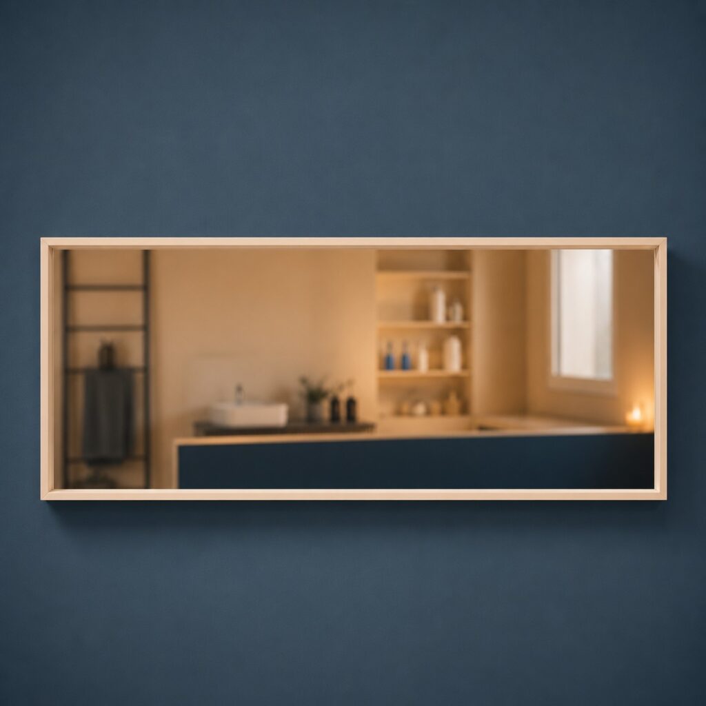 Specchio rettangolare orizzontale con cornice sottile in legno chiaro, appeso su una parete blu scuro.