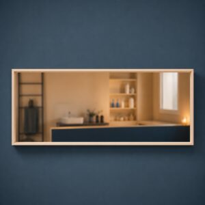 Specchio rettangolare orizzontale con cornice sottile in legno chiaro, appeso su una parete blu scuro.