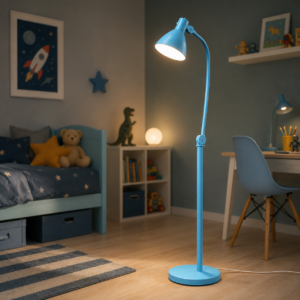 Lampada da terra blu con braccio e paralume orientabili, accesa e posizionata su un pavimento in legno in una stanza.