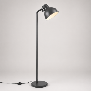 Lampada da terra moderna in metallo nero opaco con base circolare, stelo dritto e paralume a cupola orientabile illuminato.