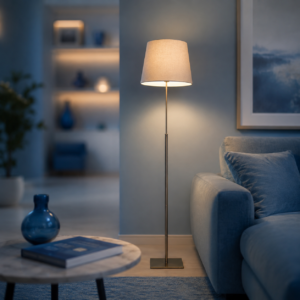 Lampada da terra accesa con paralume in tessuto beige e stelo in metallo, posizionata accanto a un divano in un ambiente domestico.