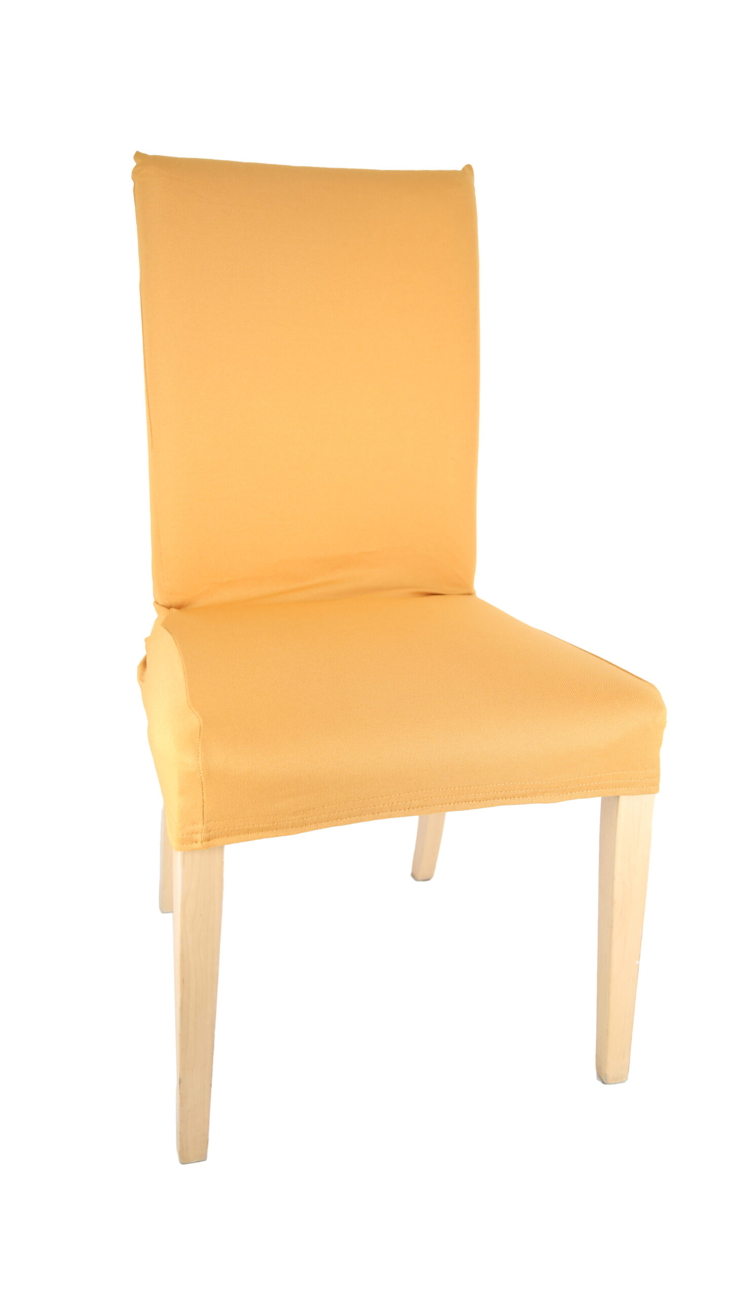 Sedia con struttura in legno chiaro e coprisedia in tessuto elasticizzato color giallo senape, su sfondo bianco.