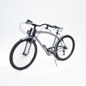 Bicicletta cruiser grigia con telaio curvo, manubrio ampio, sella ammortizzata e parafanghi, vista laterale su sfondo bianco.