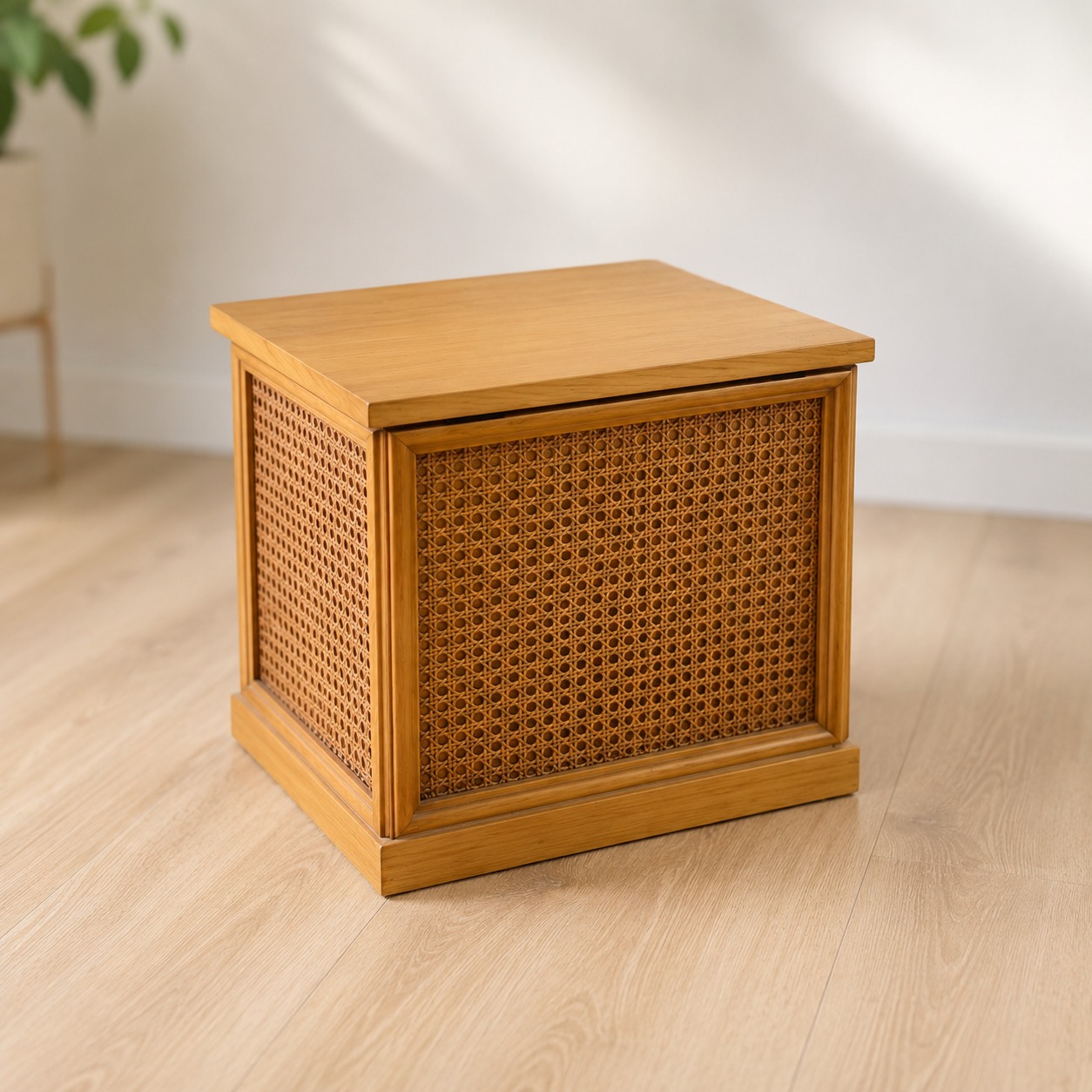 Cubo contenitore quadrato in legno chiaro con pannelli laterali in rattan intrecciato, posizionato su pavimento in parquet.