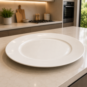 Grande piatto da portata ovale bianco lucido posizionato su un'isola da cucina moderna con piano in marmo chiaro.