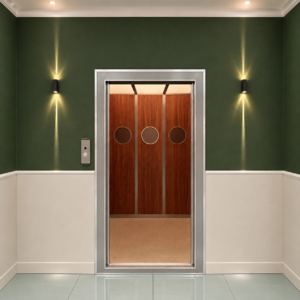 Ingresso ascensore con porte in legno a oblò, parete verde scuro, boiserie chiara e applique luminose.