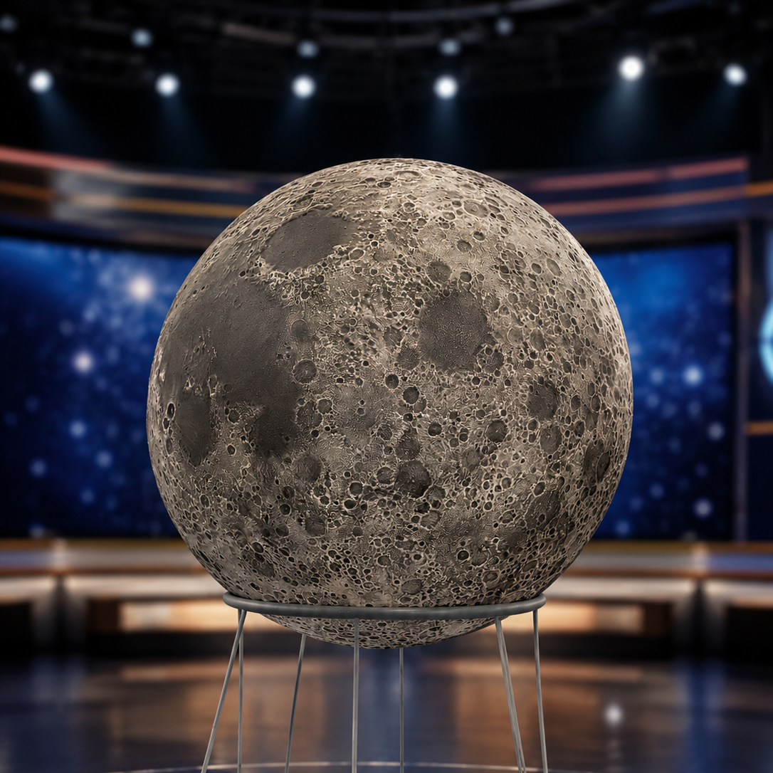 Modello realistico della Luna con superficie craterizzata, posizionato su un supporto metallico sottile in uno studio televisivo.