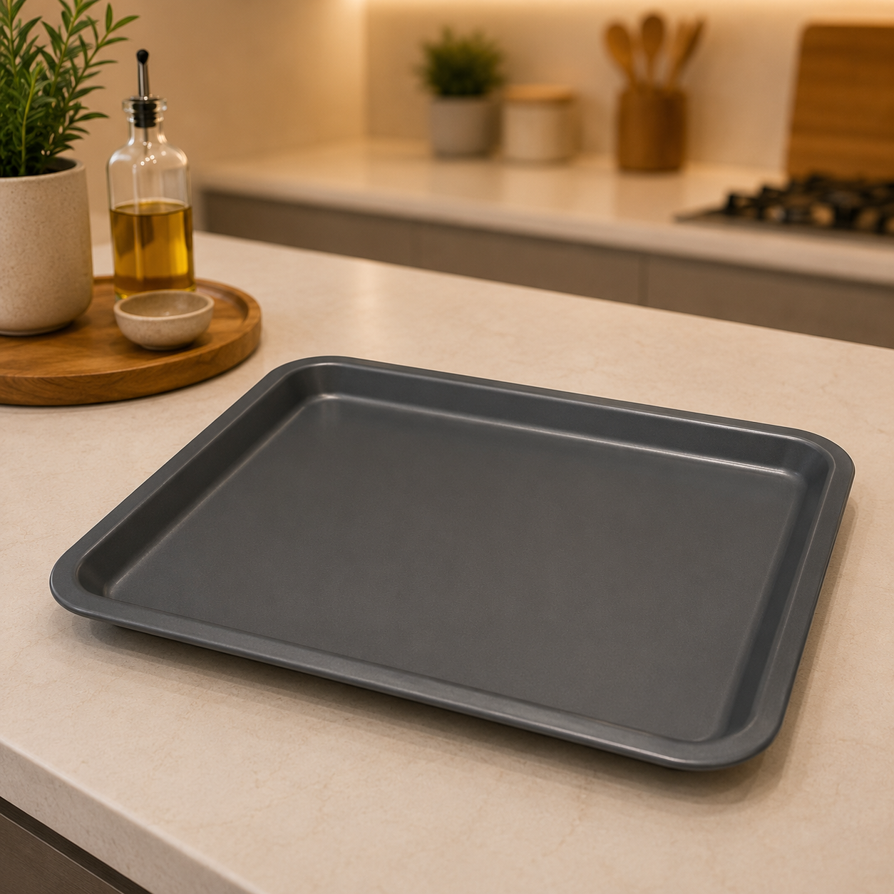 Una teglia da forno rettangolare grigio scuro con rivestimento antiaderente, posizionata su un piano di lavoro chiaro in una cucina moderna.