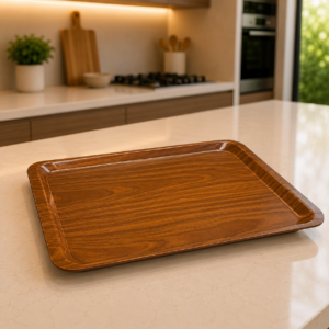 Vassoio rettangolare marrone con finitura effetto legno, posizionato su un bancone chiaro in una cucina moderna.