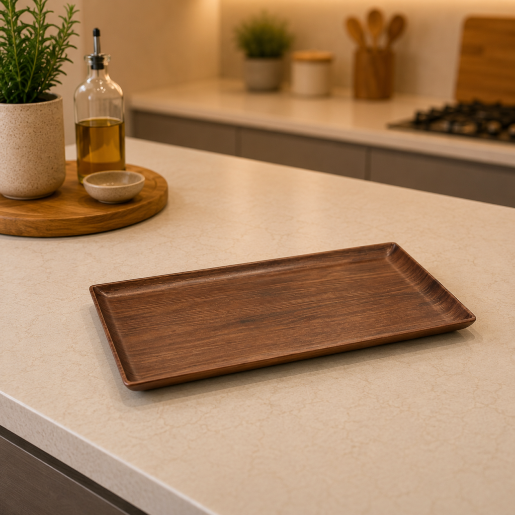 Vassoio rettangolare in legno scuro con bordi rialzati, posizionato su un bancone da cucina chiaro in un ambiente moderno.