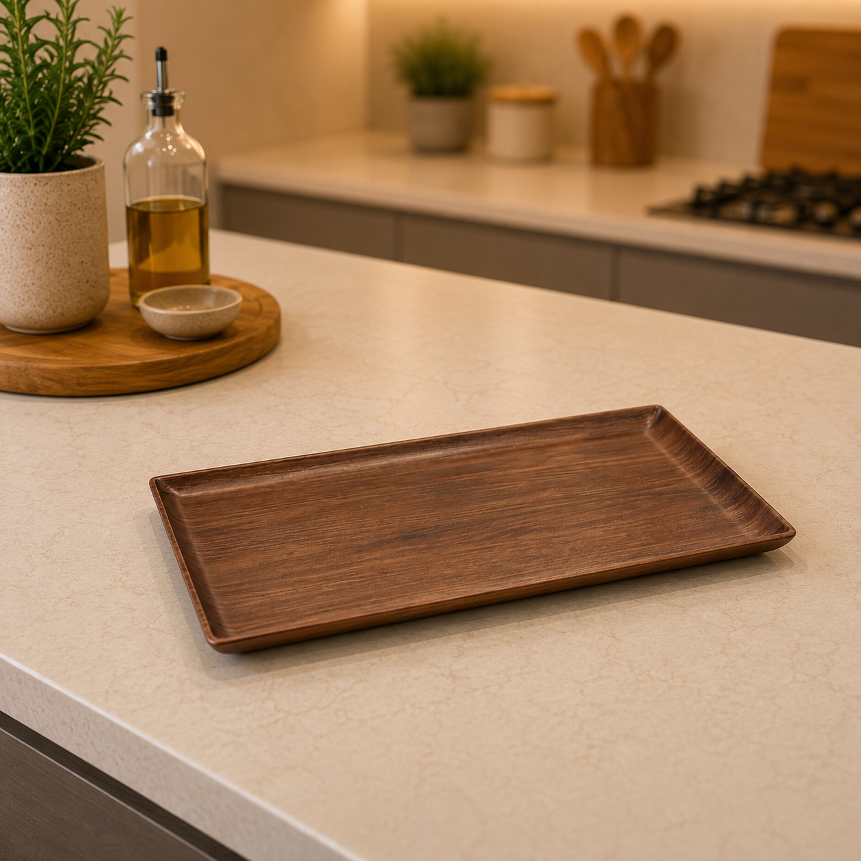 Vassoio rettangolare in legno scuro con bordi rialzati, posizionato su un bancone da cucina chiaro in un ambiente moderno.