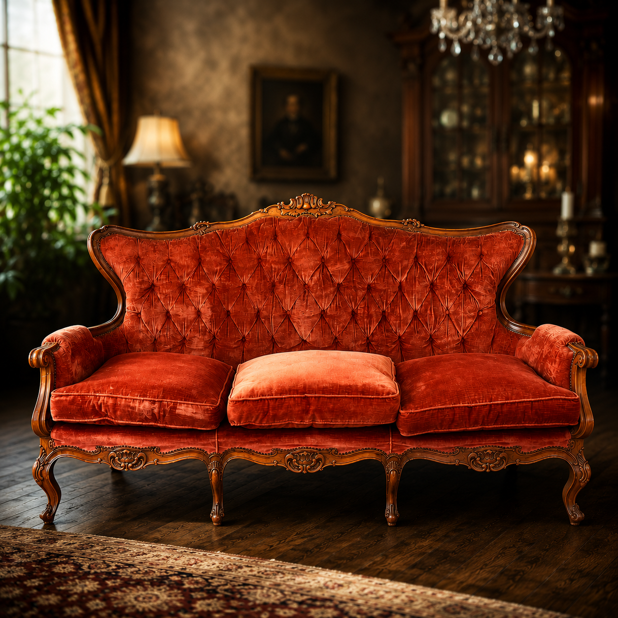Divano Barocco in Velluto Rosso Intagliato - immagine 2
