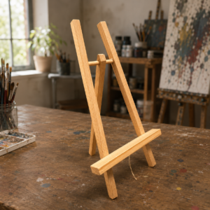 Cavalletto da tavolo in legno chiaro, pieghevole, posizionato su un tavolo di legno macchiato di vernice in uno studio d'artista.