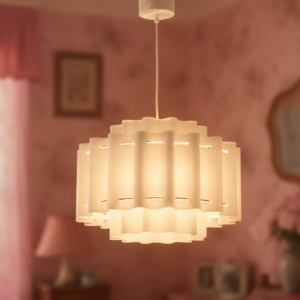 Lampada a sospensione bianca con diffusori ondulati a strati, illuminata, appesa al soffitto in una stanza con pareti rosa.
