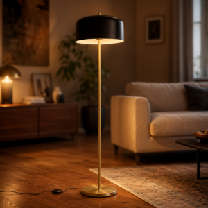 Lampada da terra moderna con paralume cilindrico nero e stelo/base in ottone, accesa in un ambiente domestico con luce calda.