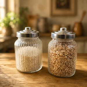 Due barattoli in vetro con coperchi metallici su un tavolo di legno, uno con semi di sesamo e l'altro con cereali soffiati, in un ambiente luminoso.