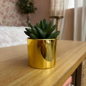Pianta grassa artificiale con foglie verdi in un vaso cilindrico color oro lucido, posizionata su una superficie di legno chiara.