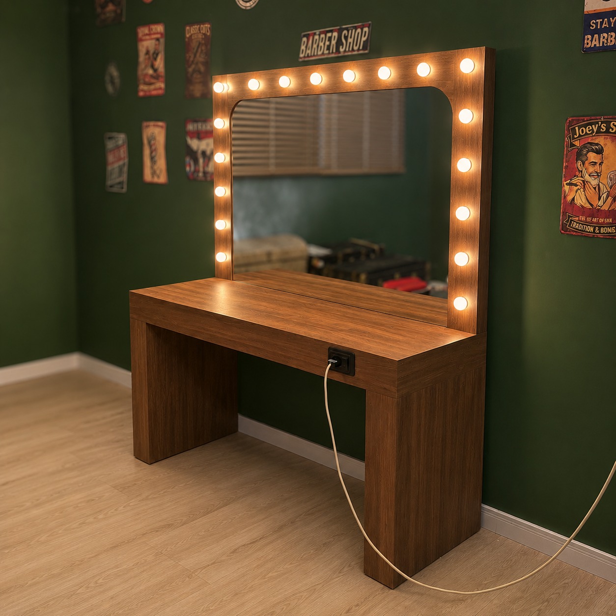 Specchiera trucco illuminata con lampadine LED e tavolo in legno marrone, posizionata in una stanza con pareti verdi.