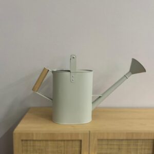 Annaffiatoio moderno in metallo grigio chiaro con corpo rettangolare, beccuccio lungo e manico laterale in legno, su mobile in legno.