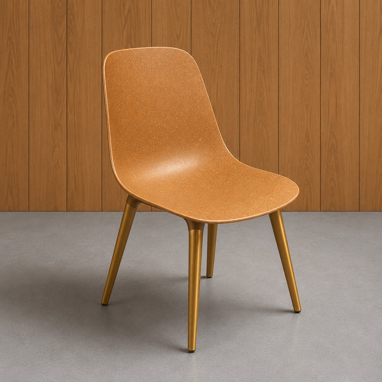 Sedia moderna con scocca monoblocco color terra granulosa e gambe affusolate in metallo dorato, su sfondo di pannelli in legno.