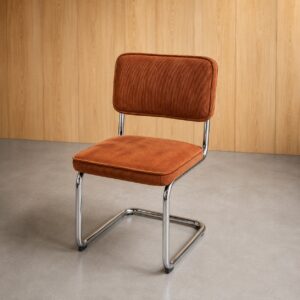 Sedia cantilever con struttura in tubolare cromato lucido e cuscini imbottiti in velluto a coste color arancio-ruggine.