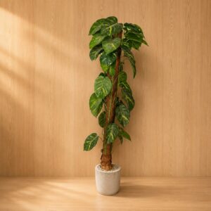 Grande pianta artificiale di Pothos con foglie variegate verdi e gialle su palo muschio, in vaso grigio effetto cemento.