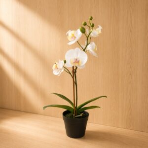 Orchidea artificiale Phalaenopsis con fiori bianchi e boccioli verdi in vaso nero, su superficie di legno chiaro.