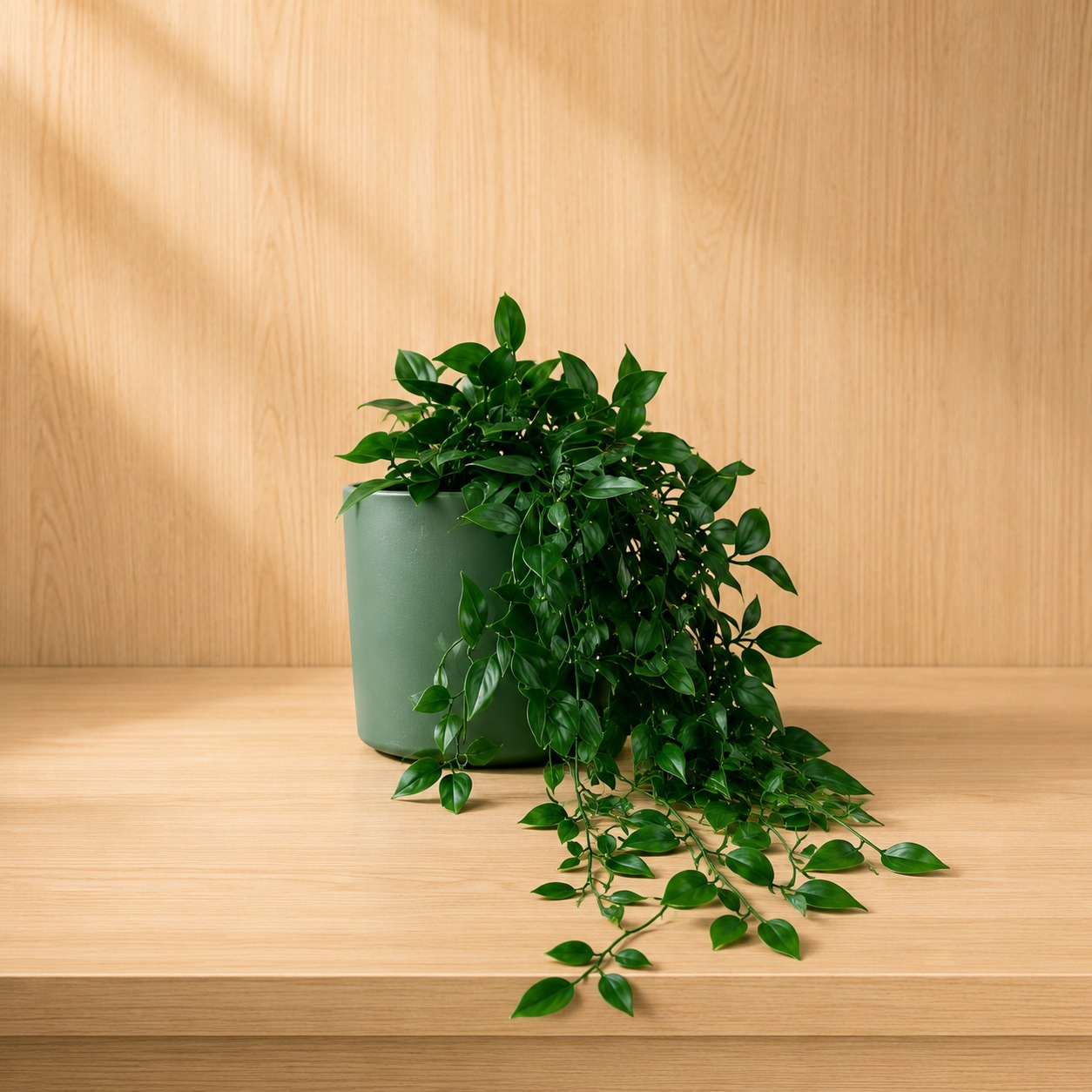 Pianta artificiale con foglie verdi lucide e rami pendenti, contenuta in un vaso cilindrico verde opaco, su una mensola di legno chiaro.