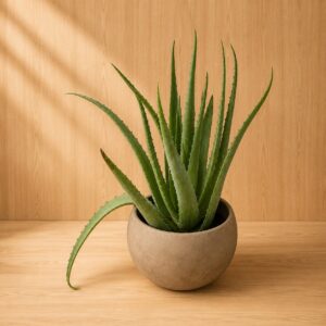 Pianta di Aloe Vera artificiale con foglie verdi e carnose in un vaso sferico color terra, su sfondo e superficie in legno chiaro.