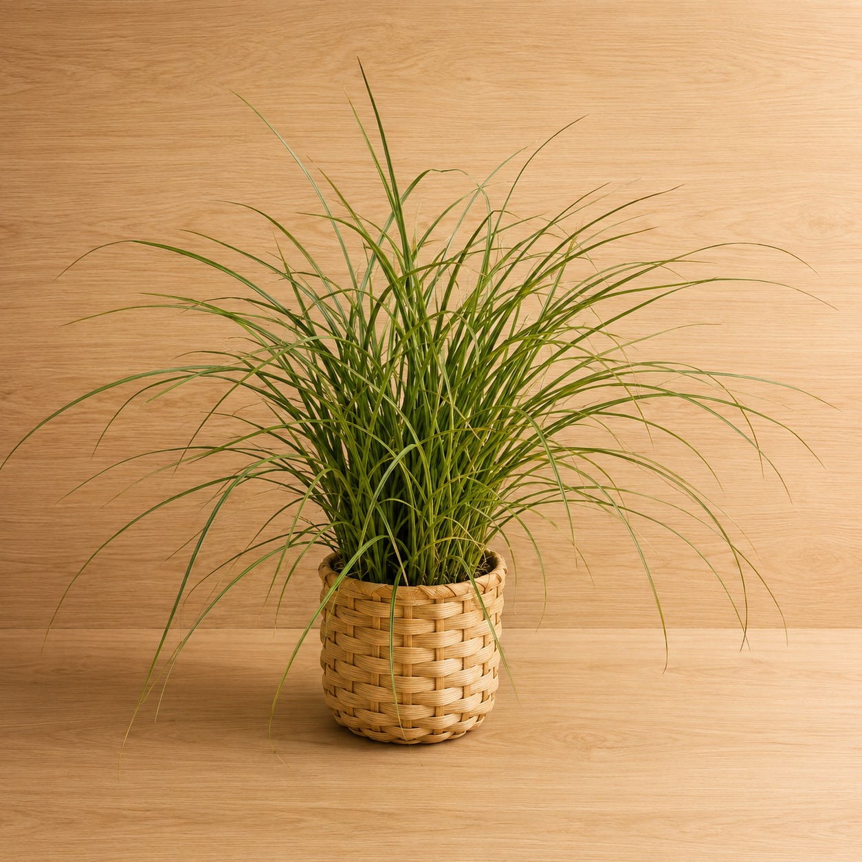 Pianta ornamentale con foglie verdi lunghe e sottili, contenuta in un vaso di vimini intrecciato di colore naturale, su sfondo di legno chiaro.