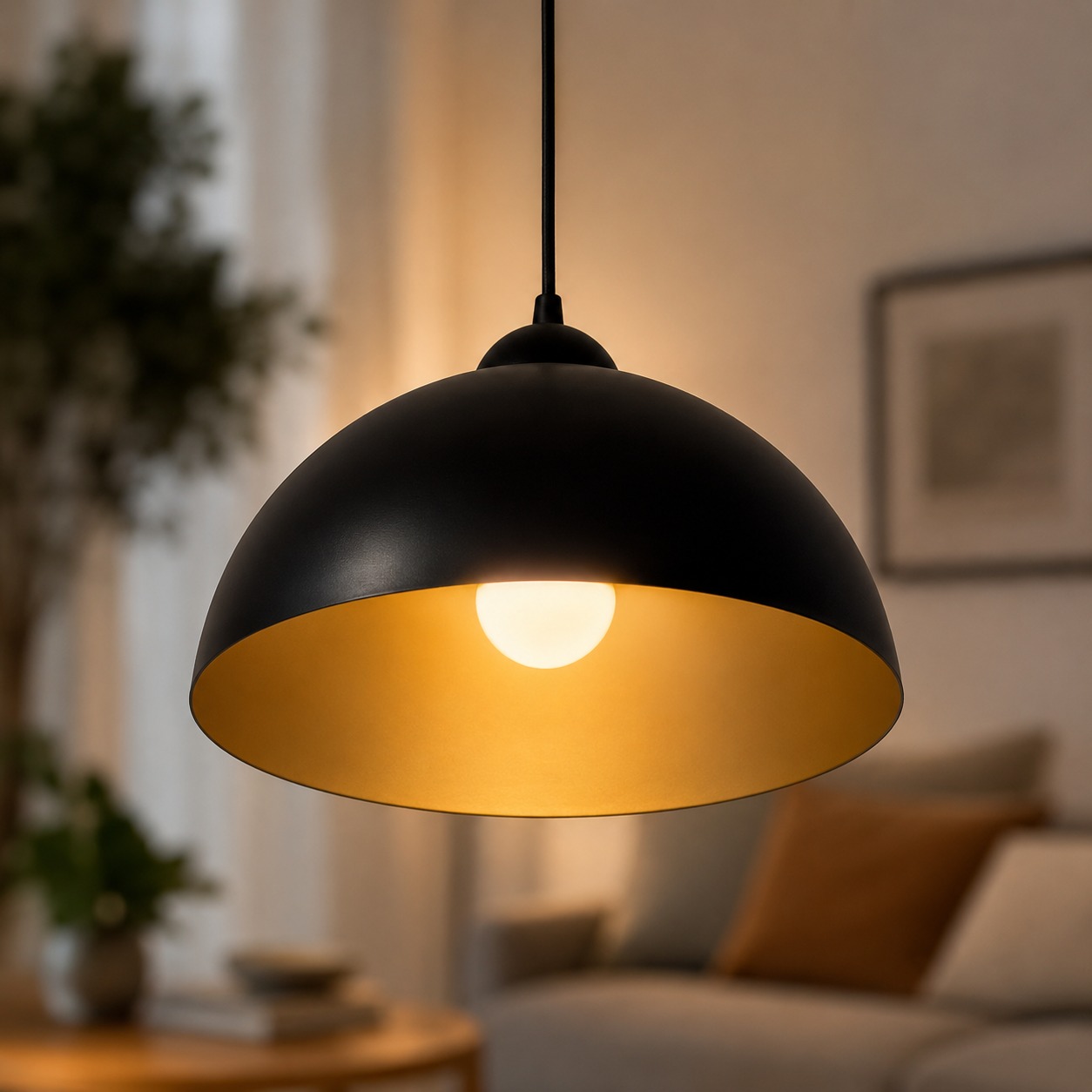 Lampada a sospensione moderna con paralume nero opaco e interno dorato, accesa, in un ambiente domestico sfocato.