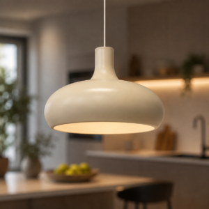 Lampada a sospensione moderna color crema con luce calda accesa, appesa in una cucina contemporanea sfocata.
